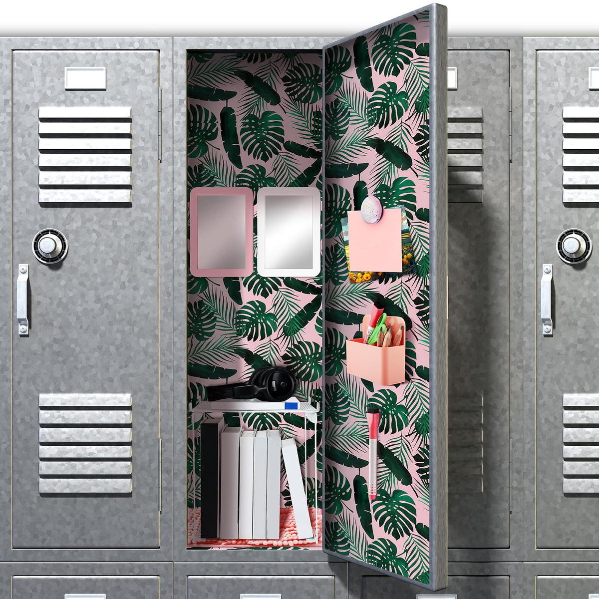 Colarr 17 Pcs Locker Organizer and Decorating Kit Back to School Essentials Include Magnetic Locker Wallpaper Locker Shelf Pencil Holder with Marker Mirror Rug Sticky Note (Light Pink,Leaves Style)