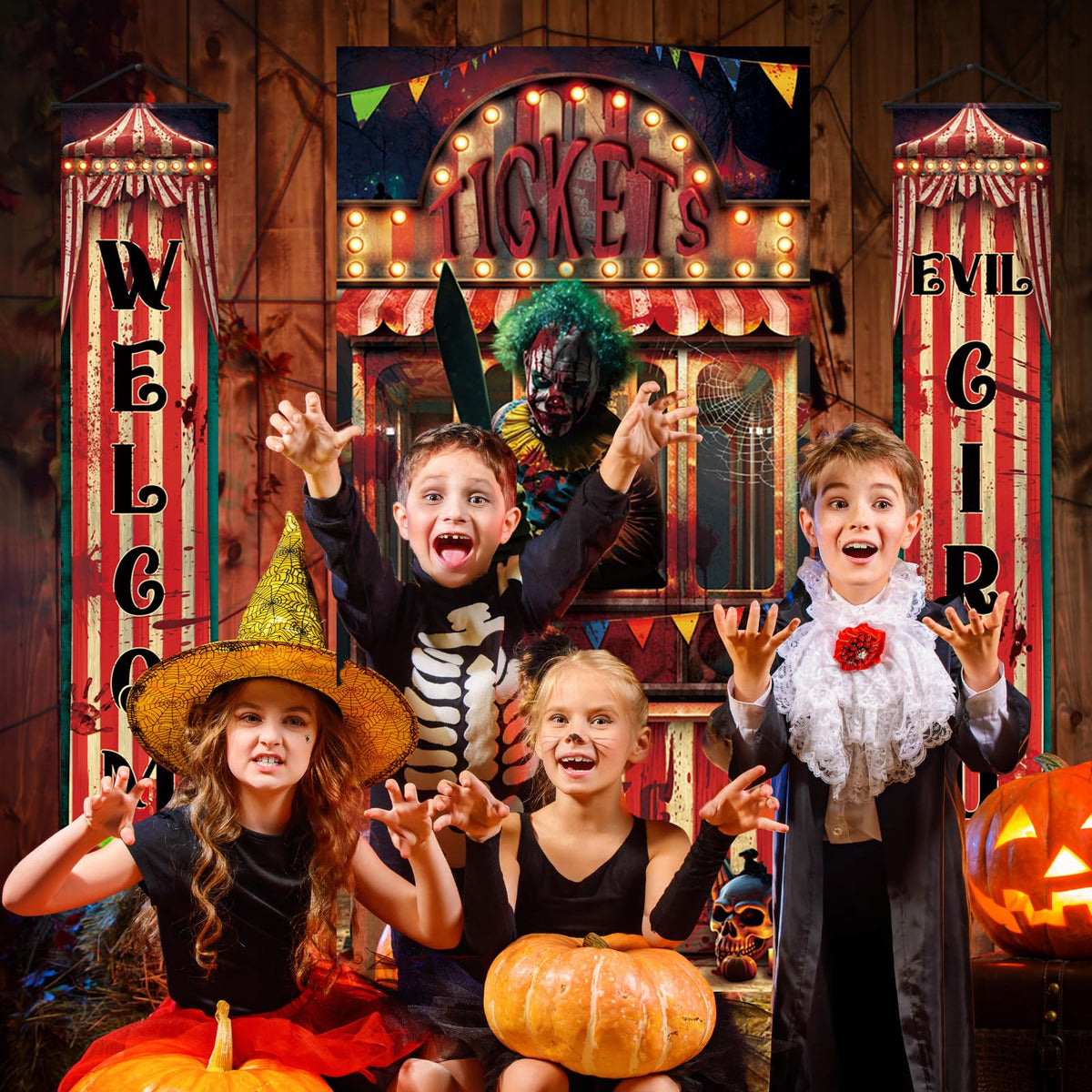 WovWeave 3 Pcs Halloween Creepy Carnival Decorations Include 2 Evil Circus Porch Banner and Scary Ticket Booth Circus Theme Door Cover for Halloween Backdrop Hanging Theme Party Outdoor Decorations