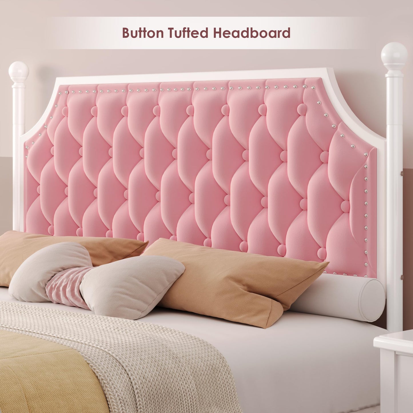 Keyluv Full Upholstered Canopy Bed Frame with 2 Storage Drawers & Button Tufted Headboard, Metal Platform Bed with 4 Removable Posts, Two-Purpose Velvet Bed, Pink/Curtain Not Included