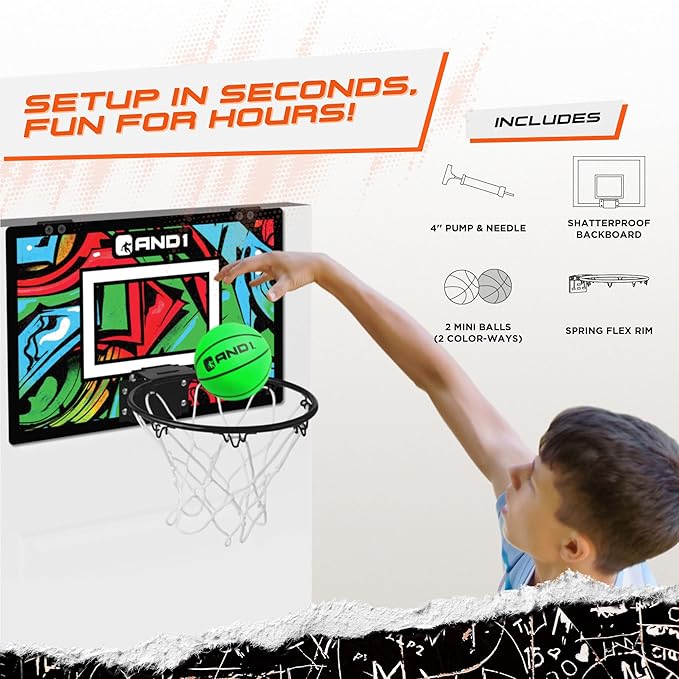 AND1 Over the Door Mini Basketball Hoop: 18x12 Shatterproof Backboard, 2 Mini Basketballs, and Hand Pump Included- Ultimate Indoor Basketball Accessory for Kids and Adults, No Tools Required