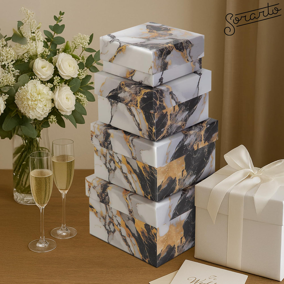 Sorarto Square Gift Boxes with Lids 4pc Set | Gold Marble Nesting Gift Boxes for Presents Birthday Wedding Bridesmaid Christmas