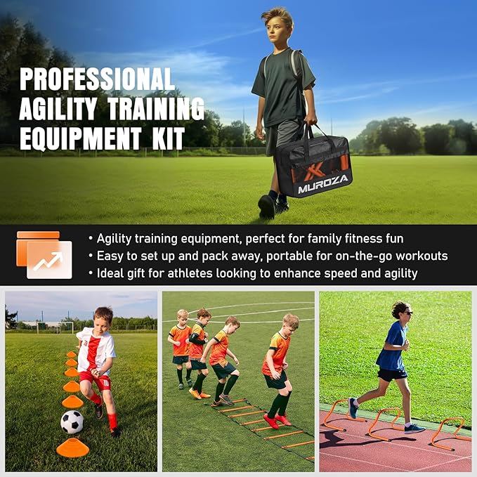 Agility Ladder, Speed Training Equipment Set, 20ft Agility Ladder, 12 Soccer Cones, 4 Hurdles, Jump Rope, Running Parachute, Basketball Football Soccer Training Equipment for Kids, Youth, Adults