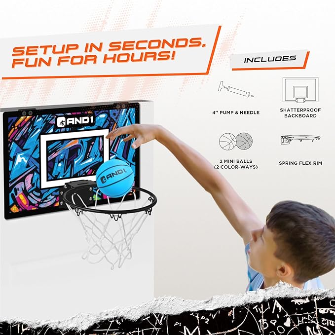 AND1 Over the Door Mini Basketball Hoop: 18x12 Shatterproof Backboard, 2 Mini Basketballs, and Hand Pump Included- Ultimate Indoor Basketball Accessory for Kids and Adults, No Tools Required