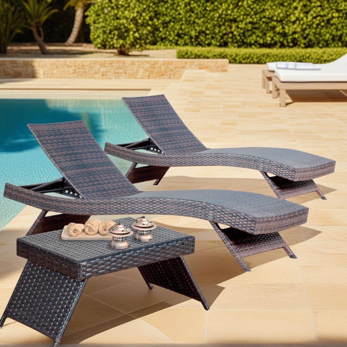 Asifom Outdoor Wicker Reclining Lounge Chairs Patio Rattan Chaise Lawn Sunbathing Chairs 79" Long Reclining Chairs, Set of 2 Chaise Longues + 1 Coffee Table