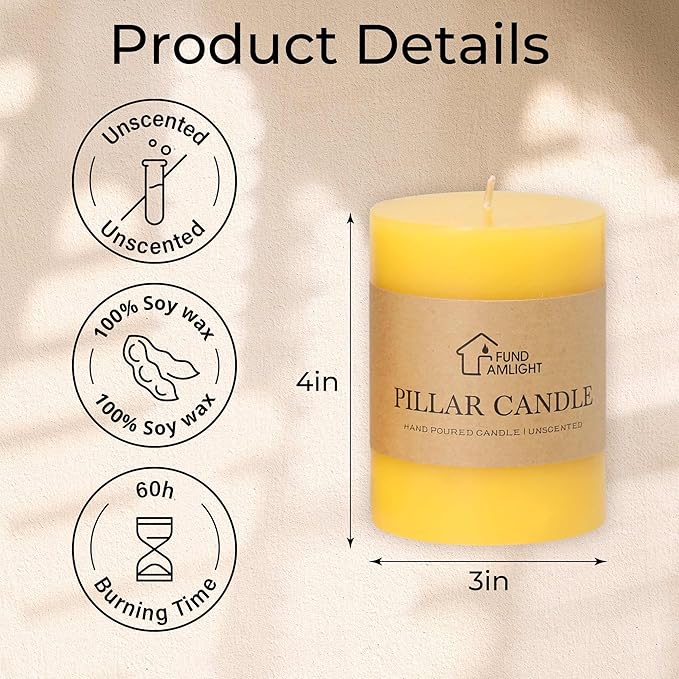 3x4 Inch Yellow Pillar Candles Set of 3 - Decorative Unscented Pillar Candle, Long Burning Dripless Candle for Table Decor, Smokeless Large Pillar Candles for Wedding Table Decor