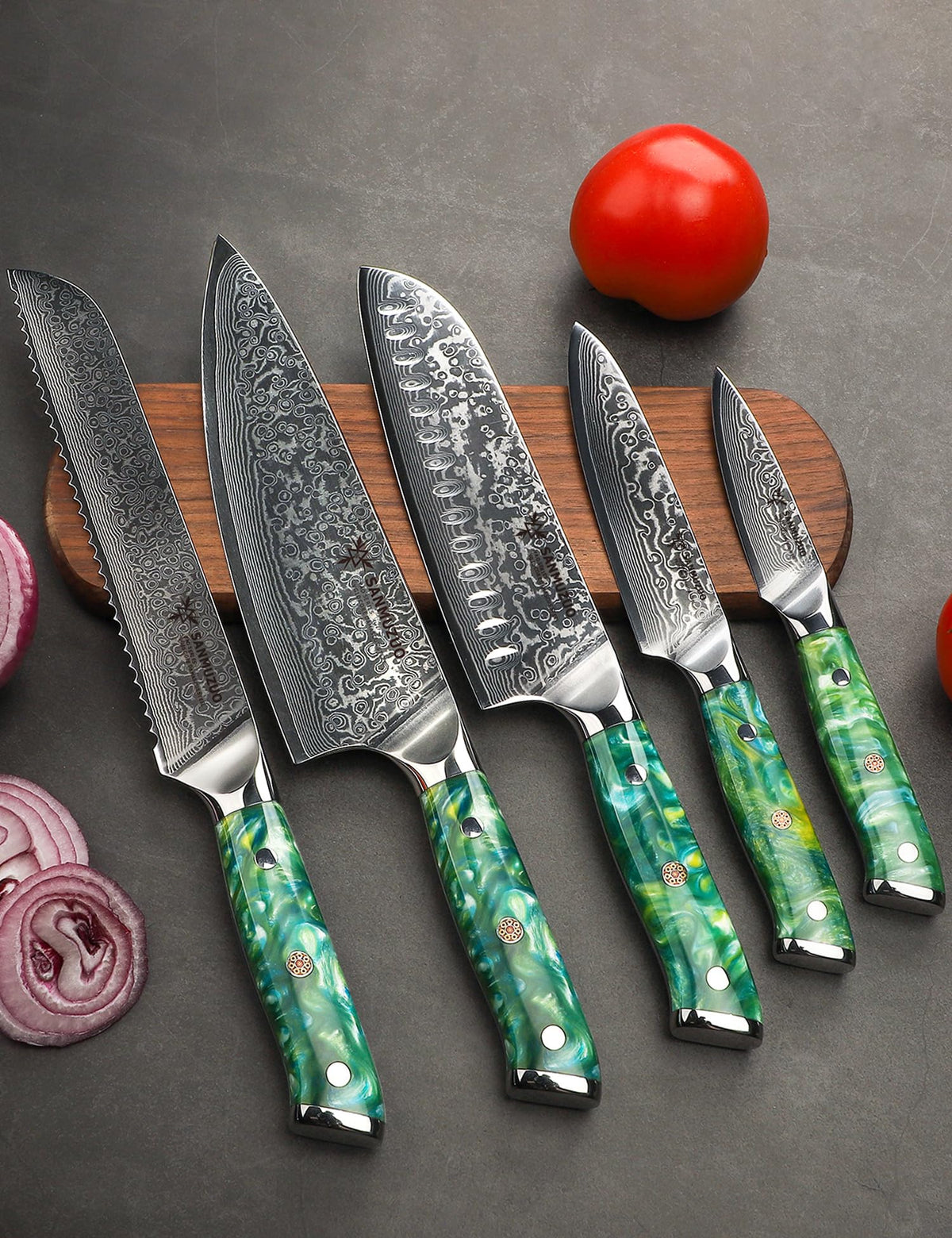 SANMUZUO Chef Cooking Knives Set- Kitchen Knife Set of 5 Piece - Ultra-Sharp VG10 Damascus Steel & Resin Handle - Xuan Series (Jade Green)