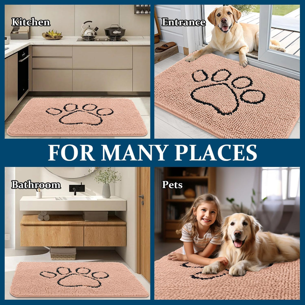 OLANLY Dog Door Mat - Absorbent Non-Slip Mud Mat for Paws | 30x20 Peach Chenille Design