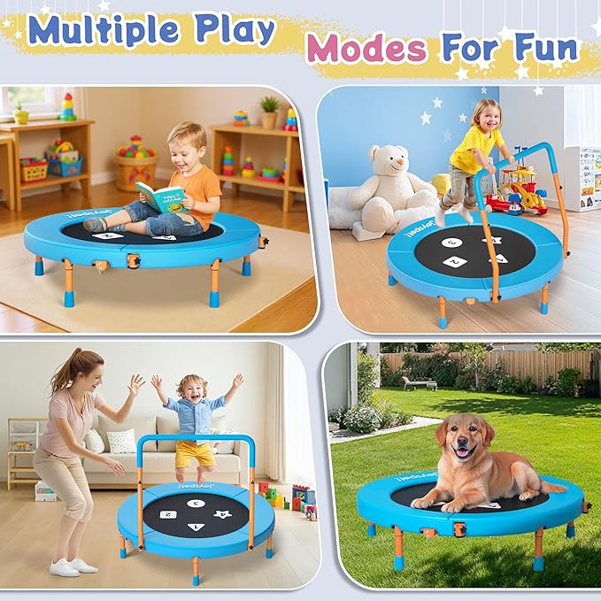 3FT Toddler Trampoline with Adjustable Handlebar, 36" Foldable & Spring-Free, Mini Kids Indoor Outdoor Trampoline for Ages 1-6, Noiseless Jumping Mat, Safe & Sturdy Design, Supports Up to 100 lbs