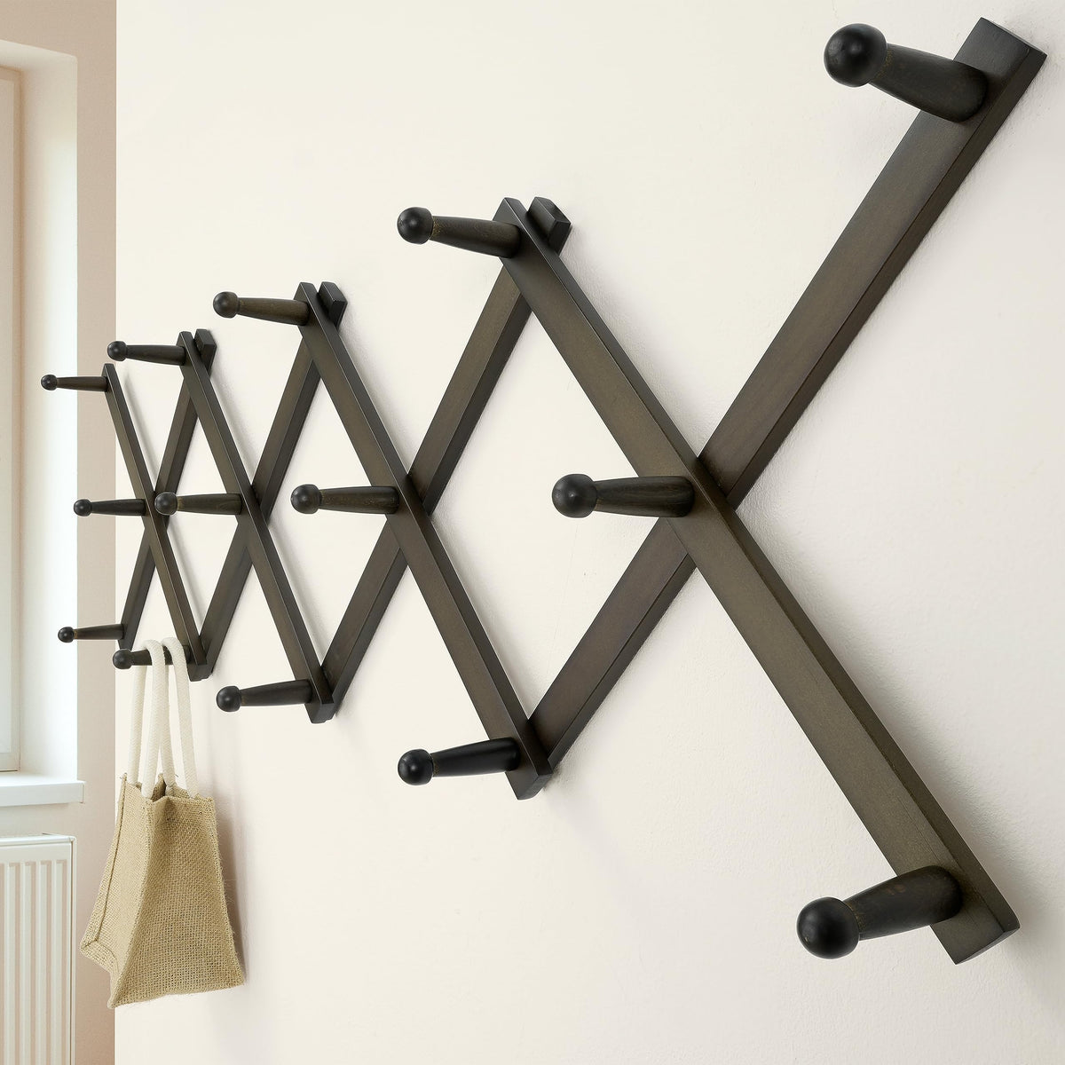 Dseap Accordion Wall Hanger:16'' High Wooden Expandable Coat Rack, Hat Rack for Wall,Accordion Hook for Baseball Caps,Coats,14 Peg Hooks,Dark Walnut