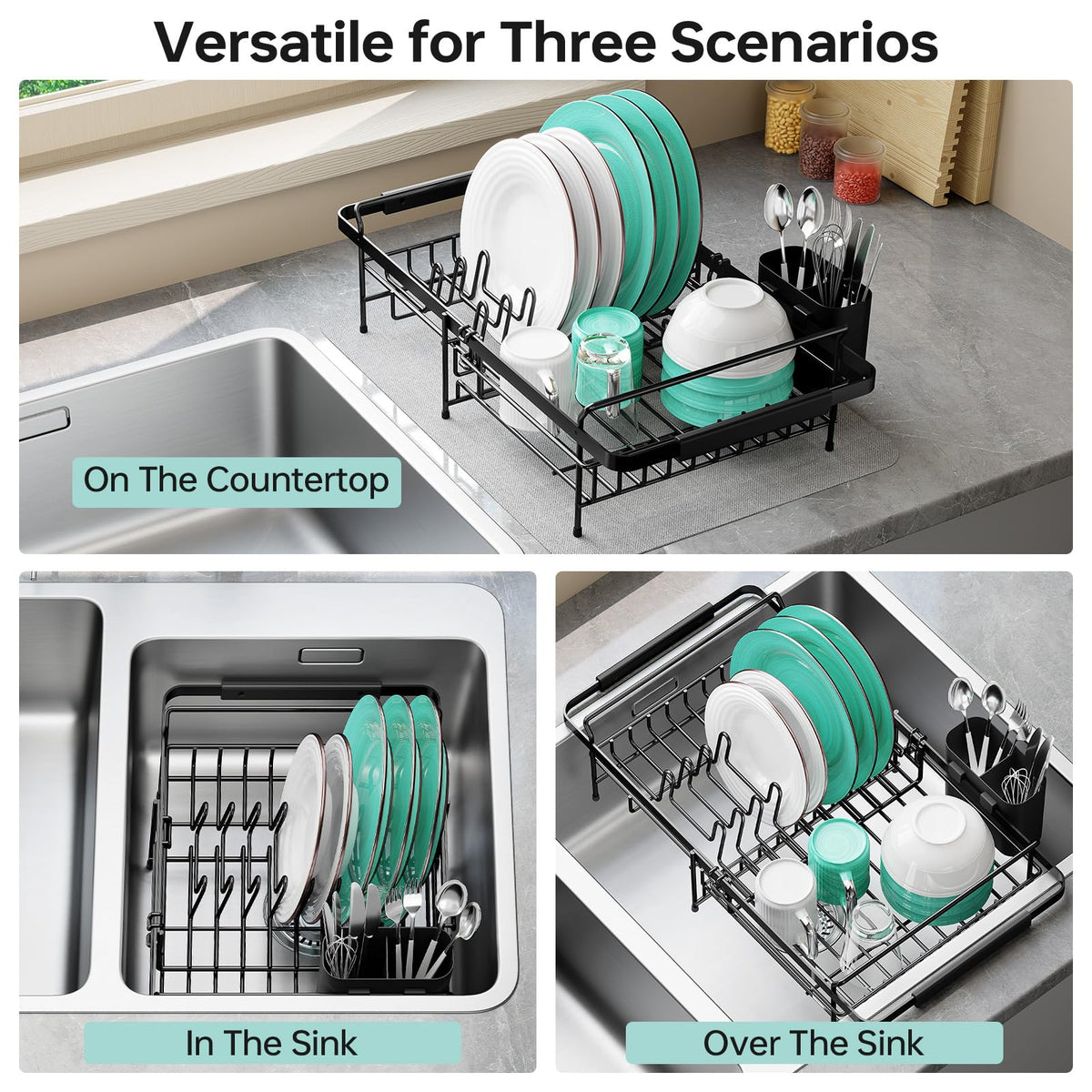 Urackify Dish Drying Rack in Sink - Expandable (14.5''-18''L) Over The Sink Dish Rack with Utensil Holder, Space-Saving Dish Drainer for Kitchen Counter, 1 Piece, Matte Black