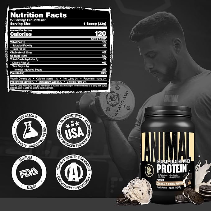 Animal Whey Isolate Protein Powder - Loaded for Pre & Post Workout Muscle Builder and Recovery with Digestive Enzymes for Men & Women - 25g Protein, Great Taste, Low Sugar - Cookies & Cream 2 lbs