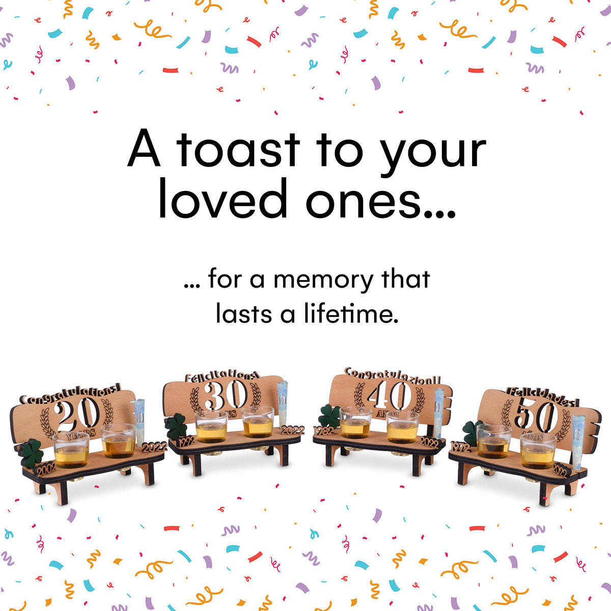 Brynnberg Wooden Bench with Shot Glasses - 80 Engraved (Years Available 10-90) - Original, Funny and Emotional Gift for Wedding, Anniversary or Birthday - 2 Shot Glasses and Wood Four-Leaf Clover