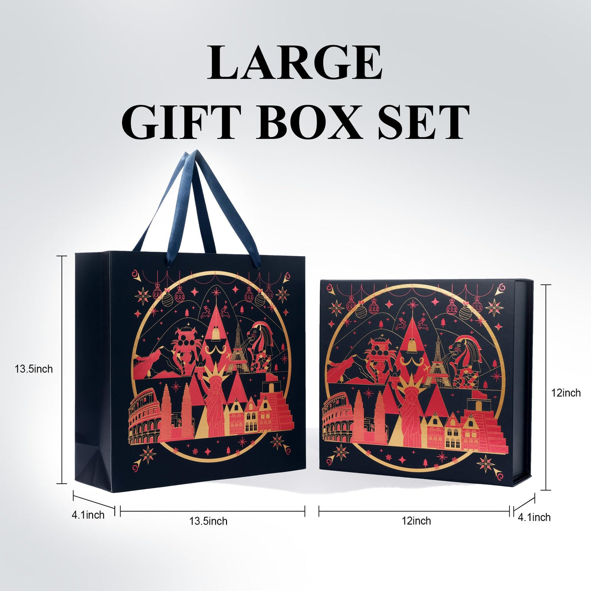 Amalee Christmas Birthday Gift Box, 12x12x4” Large Blue Present Box with Magnetic Closure & Glue-Free Design, Comes with Ribbon, Card, tissue paper