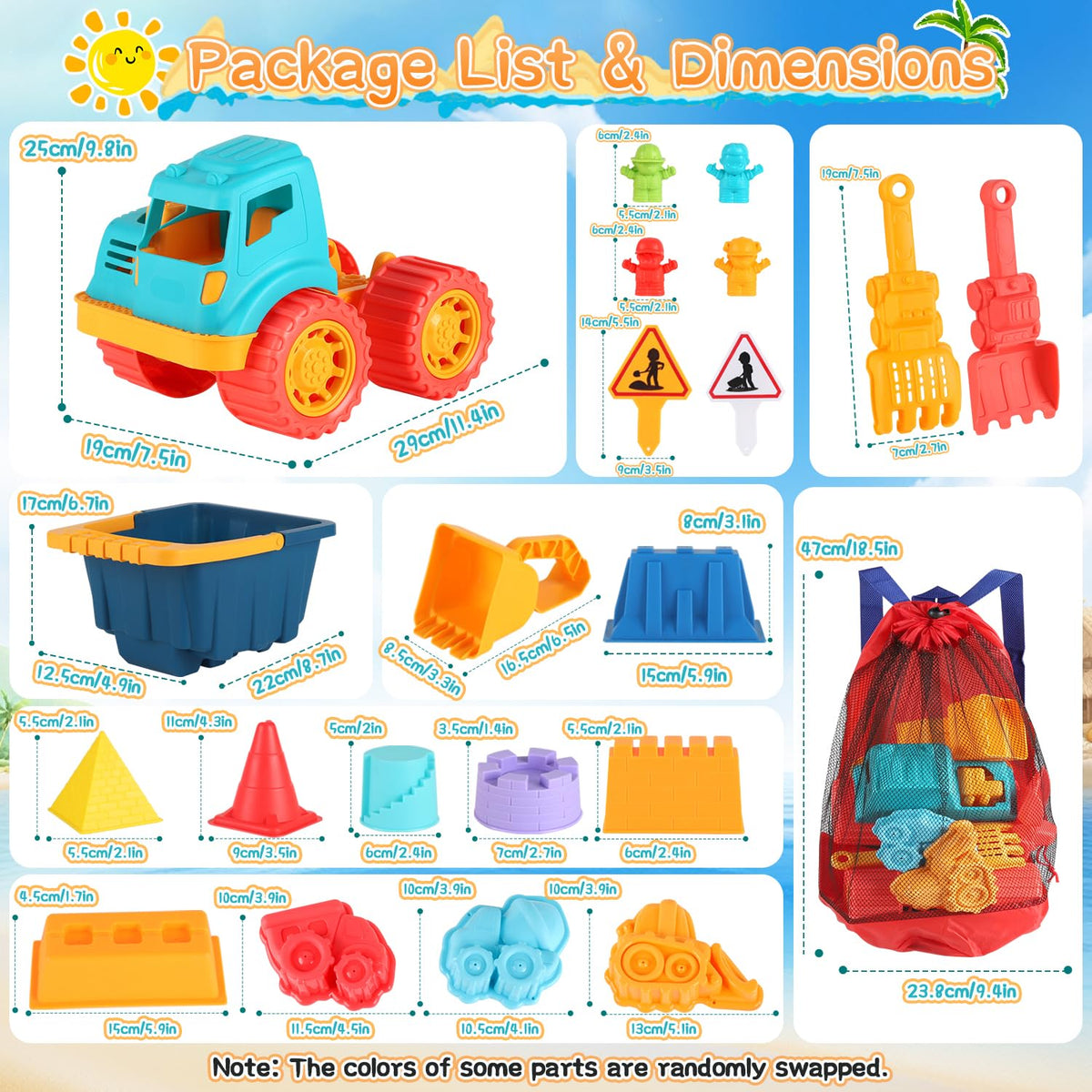 Elovien Beach Sand Toys, Large Dump Truck with Bucket, Sandbox Construction Toy Sand Castle Building Kit with Mesh Bag, Sand Molds, Shovels, Worker Figures, Kids Toddlers Summer Outdoor Travel Toys