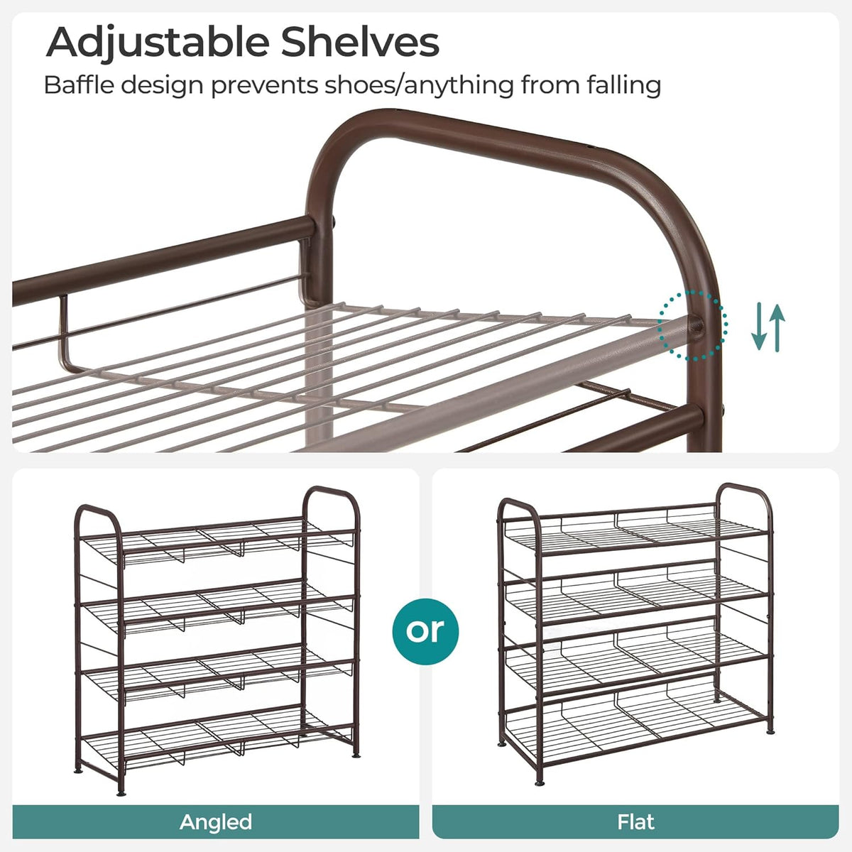 SONGMICS 4-Tier Stackable Shoe Rack - Adjustable Metal Storage Shelf for 16 Pairs | Bronze Finish