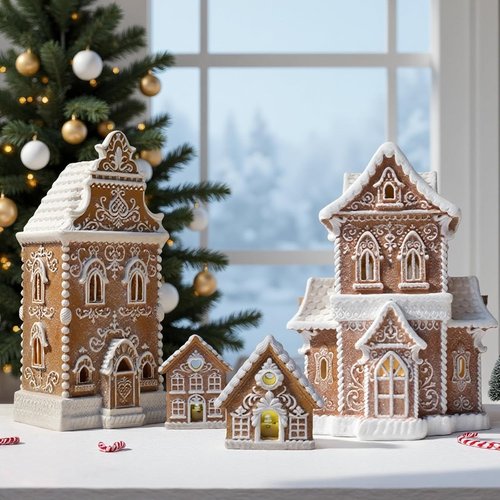Braxio Gingerbread House Kit - 2PCS Miniature LED Light Decor for Indoor Home | 3 Inch Resin Houses
