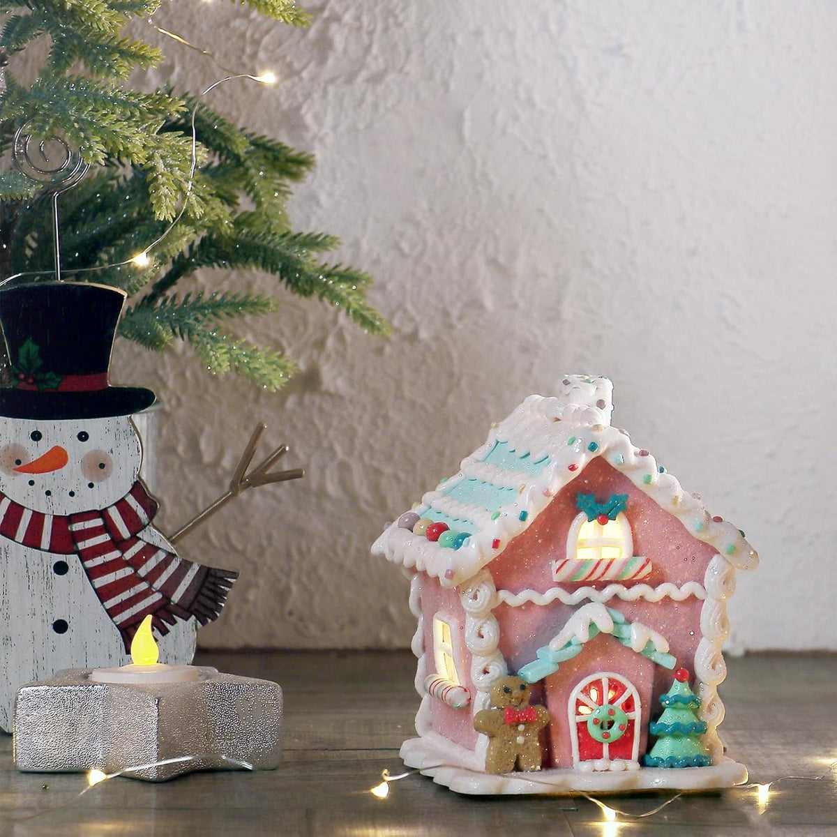 Regine Switzerland LED Gingerbread House Christmas Decorations - 5.9" Ornaments with Cookie & Pine Tree