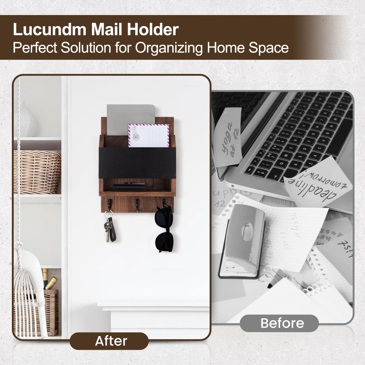 Lucundm Key and Mail Holder for Wall, Key Holder with Chalkboard and Long Storage Box, Key Hanger with 3 Sturdy Hooks for Coat, Dog Leash, Entryway Mail Organizer (Brown)