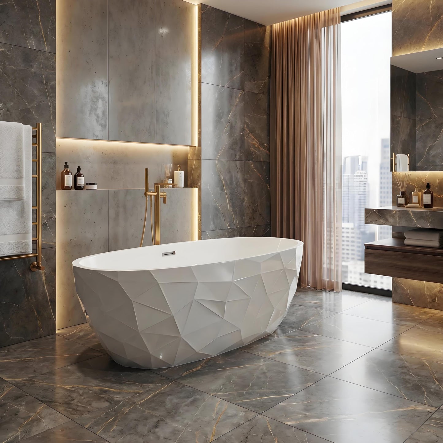 Freestanding Bathtub 59", Diamond Shape Acrylic Tub with Chrome Overflow & Pop-Up Drain, Modern White Soaking Tub for Bathroom