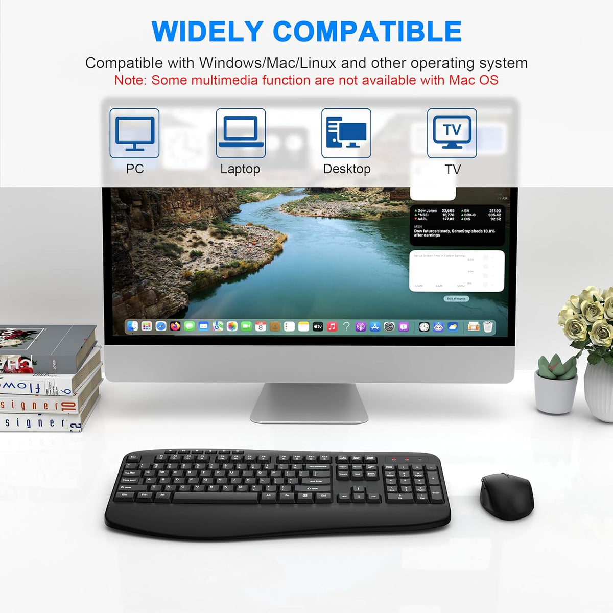 EDJO 2.4G 3 Wireless Keyboard and Mouse Combo, Full Size Ergonomic Keyboard with Palm Rest, Comfortable Natural Typing