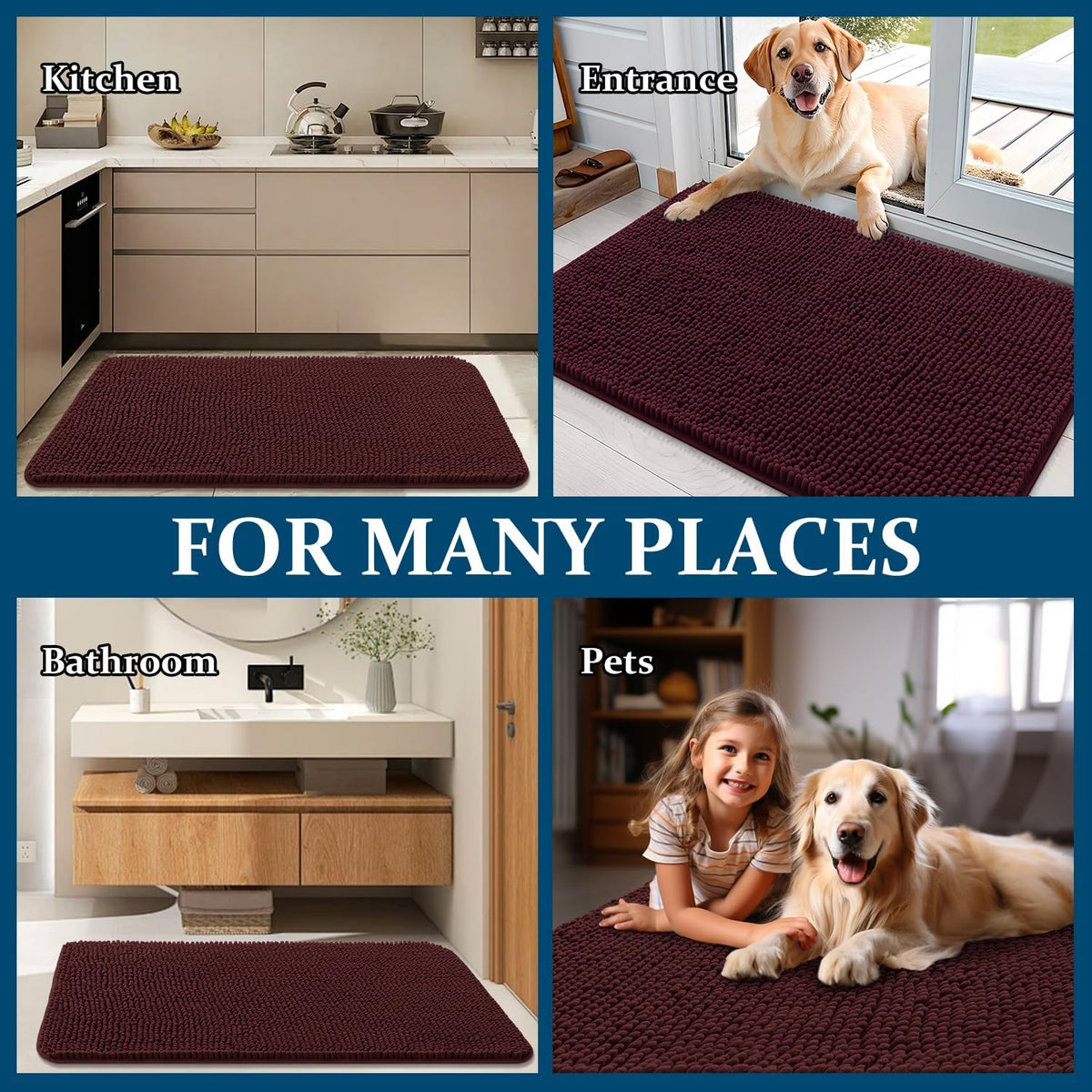 OLANLY Dog Door Mat - Absorbent Non-Slip Chenille Mat for Muddy Paws | 70x35 Inches, Quick Dry, Russet