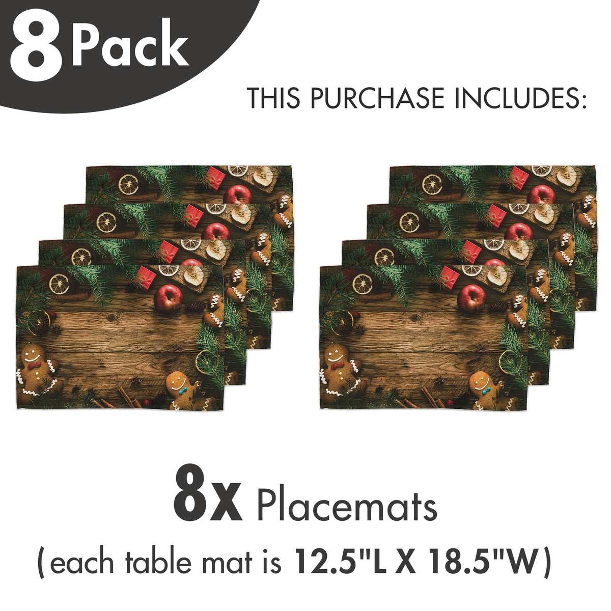 Ambesonne Christmas Place Mats Set of 8, Gingerbread Man Gift Box Coniferous Pine Cinnamon Dessert on Rustic Wood Theme, Washable Fabric Placemats for Dining Table, Placemat 8 pcs, Green and Brown