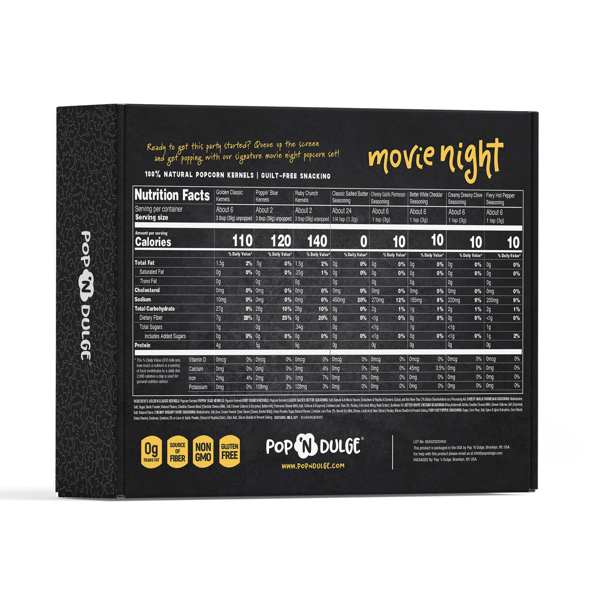 Pop n' Dulge Popcorn Movie Night Supplies 16 pcs Gift Set, 5 Gourmet Popcorn Kernels, 5 Seasoning Variety Packs Non-GMO Kosher Snacks, Great Housewarming Family Date Night Gifts Basket Ideas For Him Her