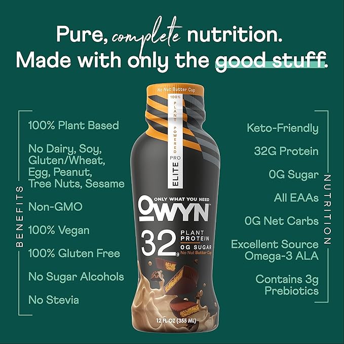 OWYN Only What You Need Pro Elite Vegan Plant Based High Protein Keto Shake, No Nut Butter Cup, Zero Sugar, 32g Protein, Omega-3, Prebiotics, Superfoods Greens for Workout and Recovery, 0g Net Carbs