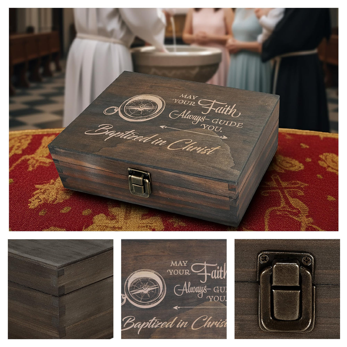 Engraved Baptism Memory Box – Wooden Keepsake Box for Christening Gifts, Baby Dedication, or First Communion – Medium Size – Dark Walnut Finish – 8.5 x 6 x 3 in