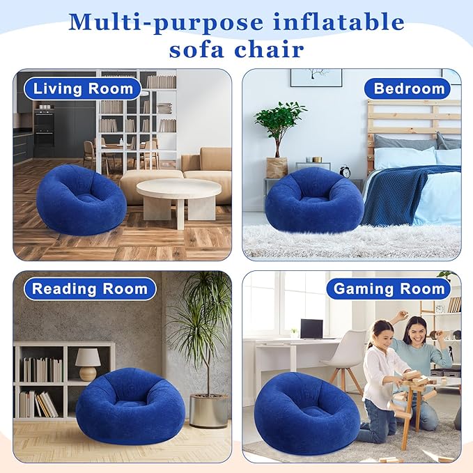 Realspring 9 Pcs Bean Bag Chairs for Adults Inflatable Chairs with Electric Air Pump,Blow up Couch Folding Portable Inflatable Couch Lazy Sofa for Reading Living Room Camping (Dark Blue)