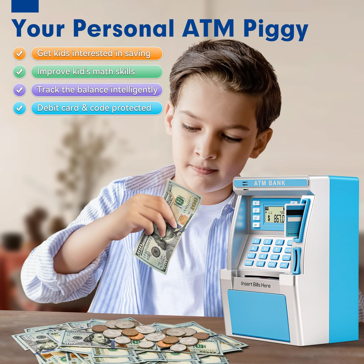 BAODLON Blue Piggy Bank for Kids, ATM Machine Bank for Real Money with Debit Card, Bill Feeder, Coin Recognition, Balance Calculator, Electronic Savings Safe Box, Cool Stuff Toys Gifts for Teen Girl