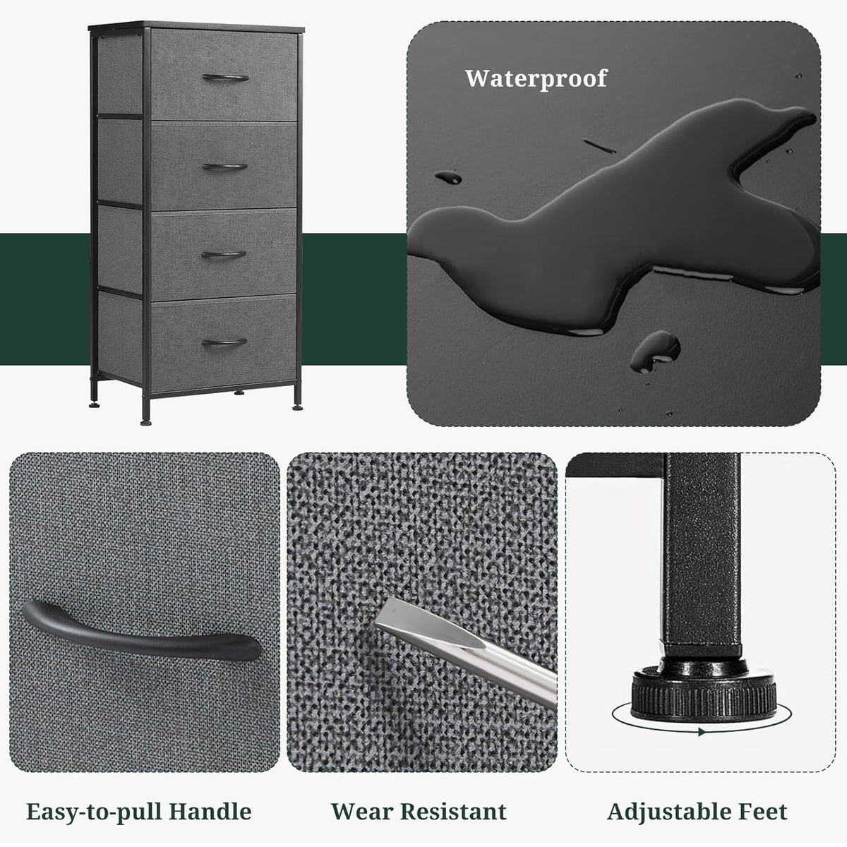 Regine Switzerland Nightstand - 4 Drawer Dresser with Wooden Top & Steel Frame | Gray Fabric Bins for Bedroom & Living Room