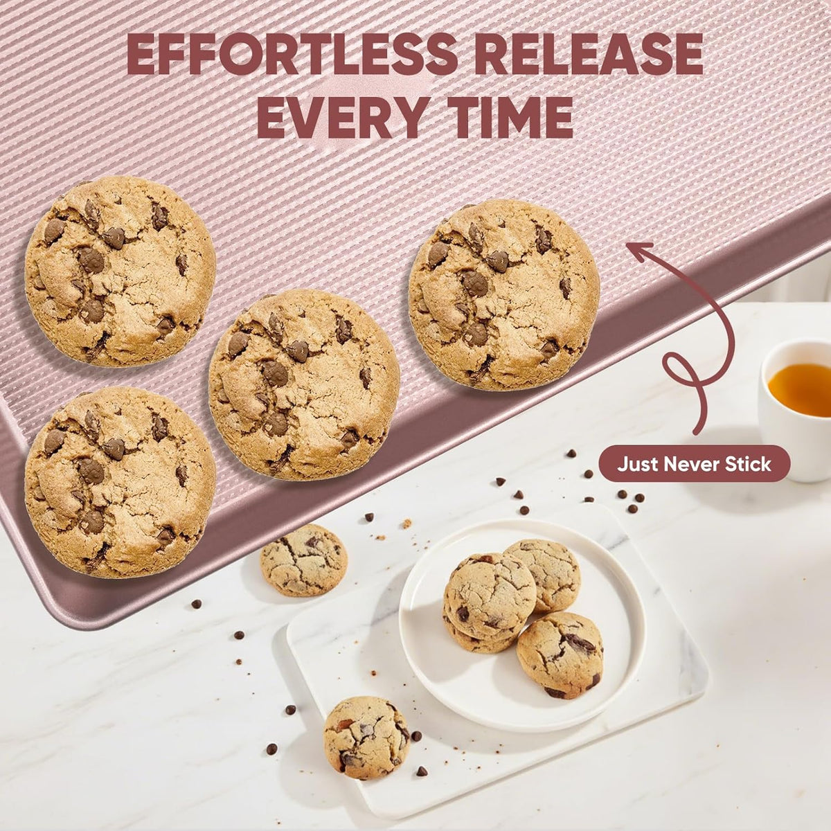 Sakerplus Nonstick Baking Sheet Pan Set - Heavy Duty Cookie Sheets | 0.6mm Thick, Rust-Resistant, Easy Clean (Pink)