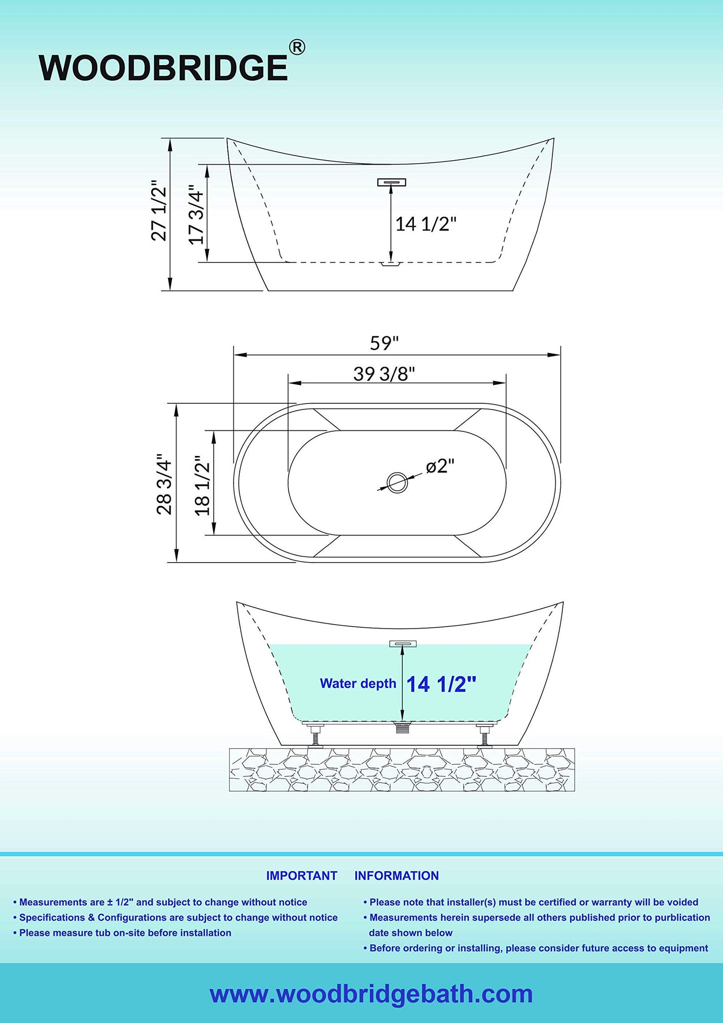WOODBRIDGE 59" Acrylic Freestanding Bathtub Contemporary Soaking White Tub with Matte Black Overflow and Drain,BTA1516 -MB-Drain &O+ Pillow