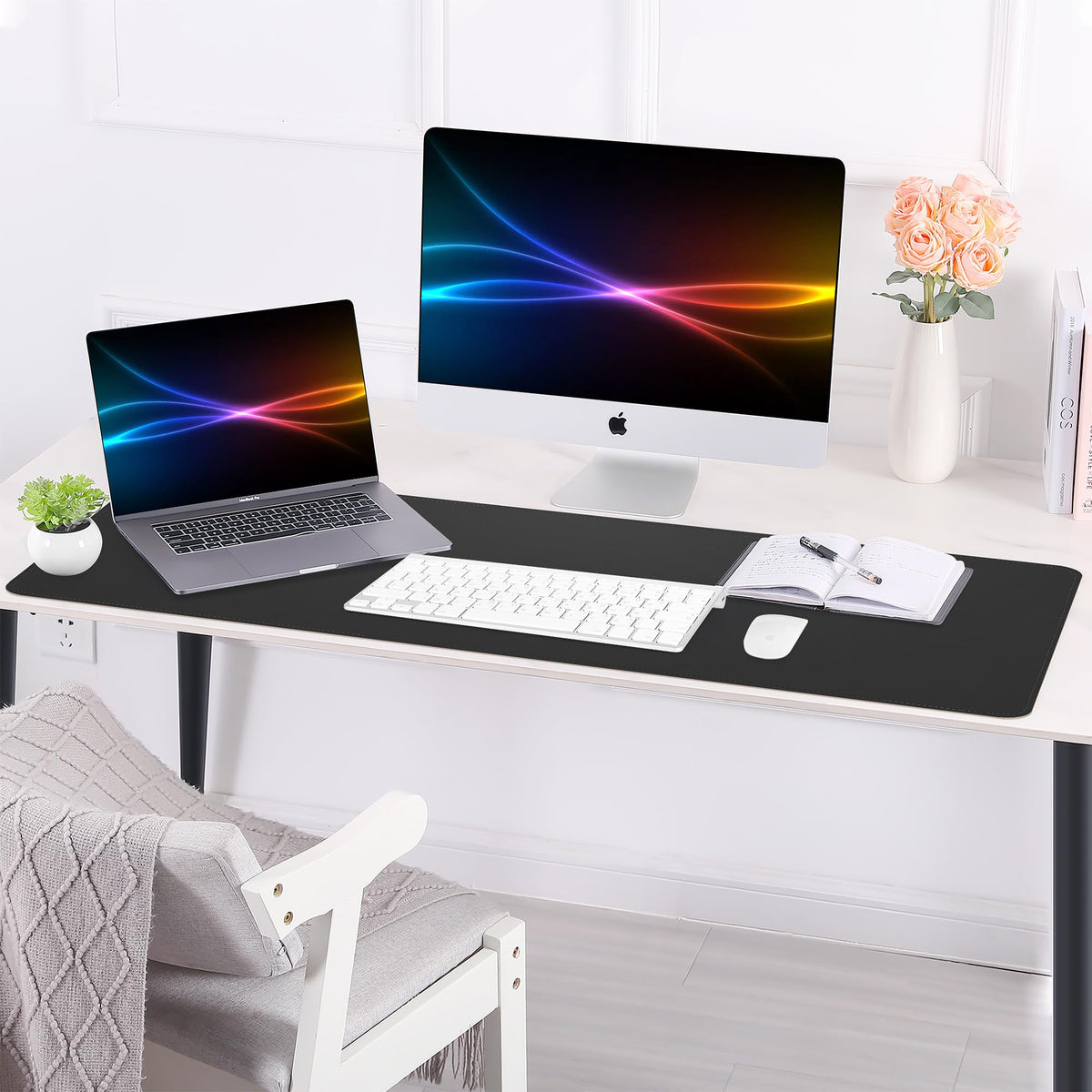 Large Desk Mat 47.2" x 17" Leather Desk Pad Protector with Natural Cork & PU Leather, Non-Slip Office Desk Mat, Large Mouse Pad, Waterproof Desk Blotter pad for Office&Home(Black)