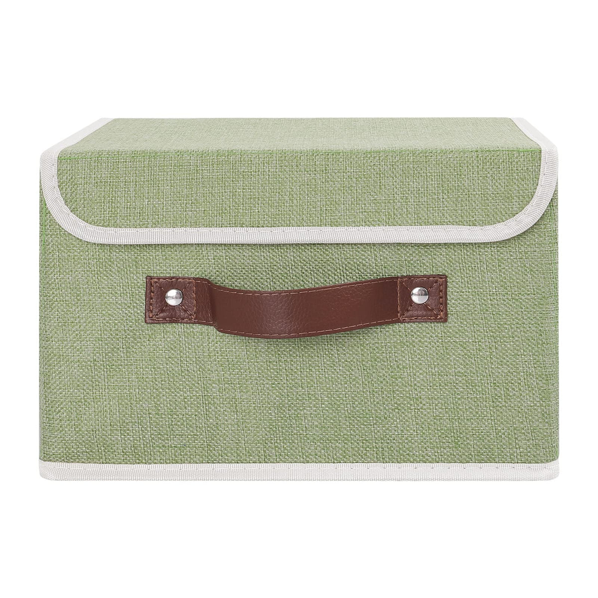 ANMINY Storage Bin with Lid Storage Boxes with PU Leather Handles PP Plastic Board Decorative Foldable Lidded Cotton Linen Fabric Home Cubes Baskets Closet Organizer Container - Green, Small Size