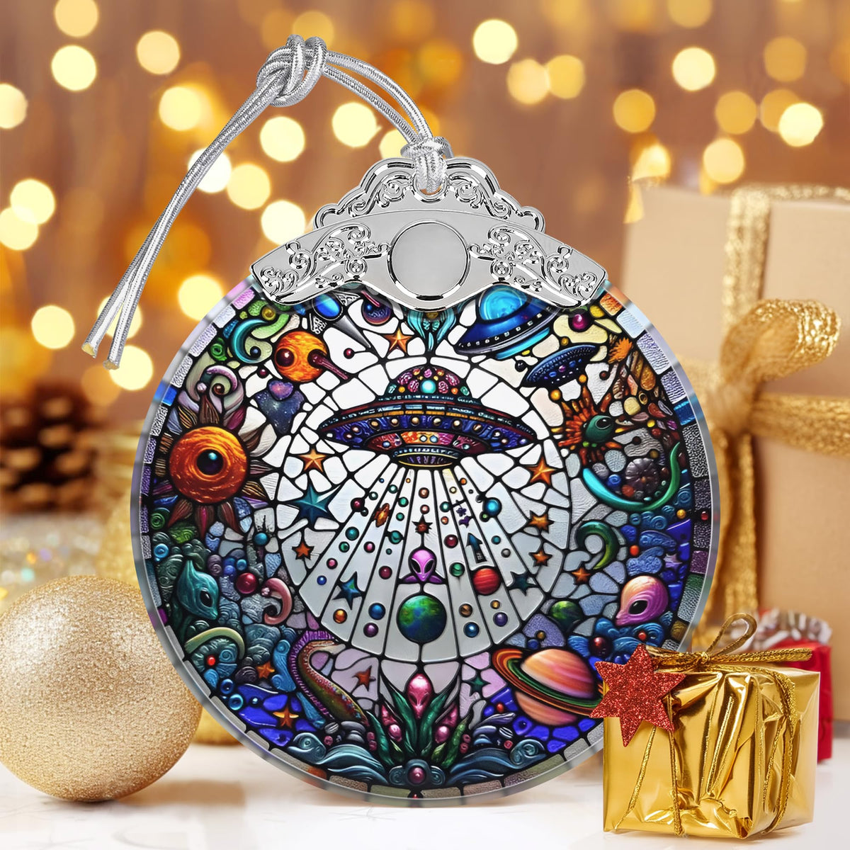 UFO Alien Stained Glass Ornament, Christmas Ornaments, Christmas Tree Decorations, UFO Alien Christmas Decor, UFO Alien Ornaments for Christmas Tree, Holiday Presents, Gift Exchange Ideas
