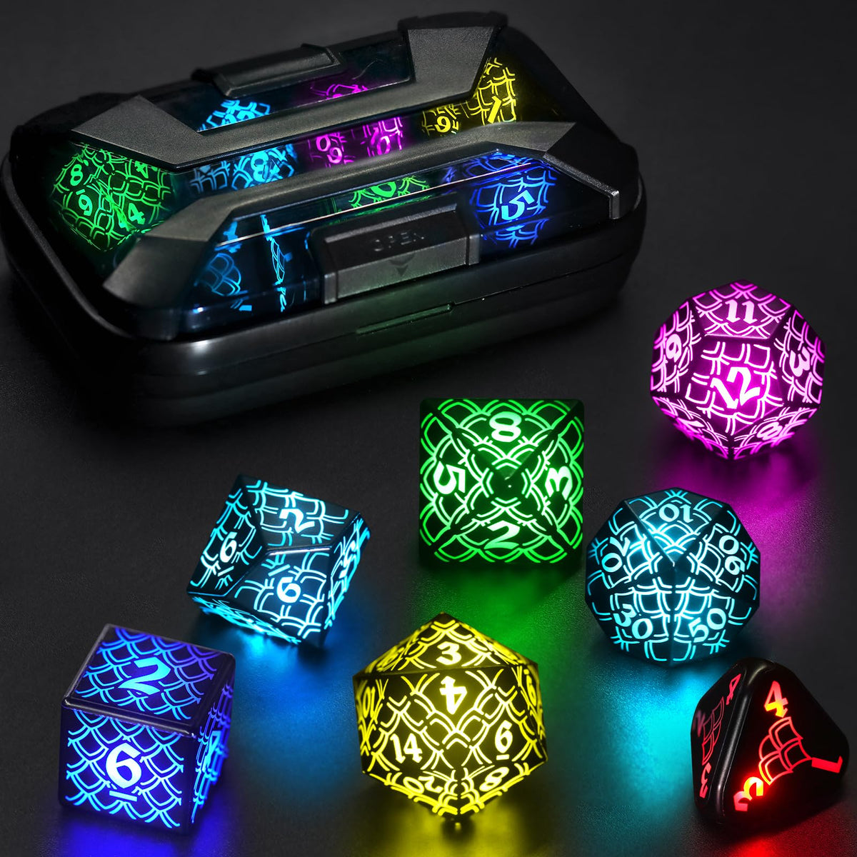 LED Dice with Charging Box,7 PCS RGB Light up Dice for Dungeons and Dragons, Polyhedral DND Dice Set for Tabletop Games Gifts(LL-RGB)