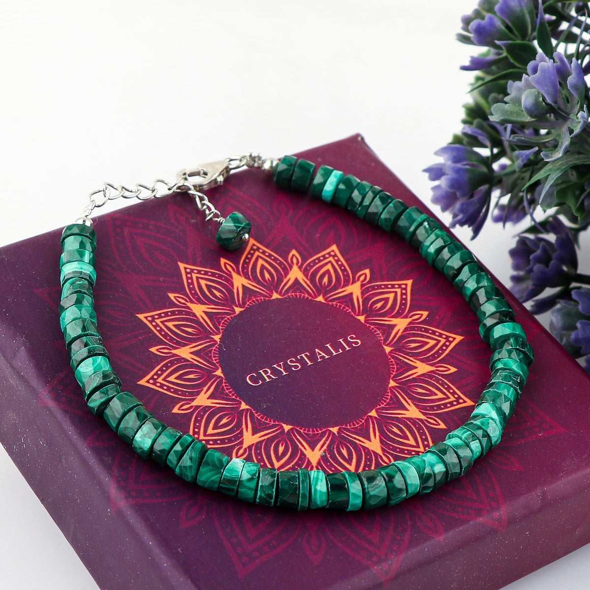 CRYSTALIS Natural Green Malachite Beaded Bracelet, Facet Wheels, Elegant Beads Crystal, Chakra Bracelet, Healing Bracelet, Gemstone Jewelry, 925 Sterling Silver 8 inch