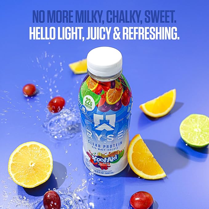RYSE Clear Protein Shake - Kool-Aid Tropical Punch - 100 Calories, 22g Whey Isolate Protein, Sugar-Free, 0g Fat & Lactose-Free - Refreshing Ready-to-Drink Beverage - 16.9 fl oz Bottles (12-Pack)