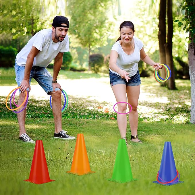 81 Pcs Plastic Cones Ring Toss Combo Set Outdoor Carnival Games, for Adults Birthday Party Throwing Backyard Lawn Game Booth, Speed Agility Practice Games, Mini Construction Traffic Safety Cones