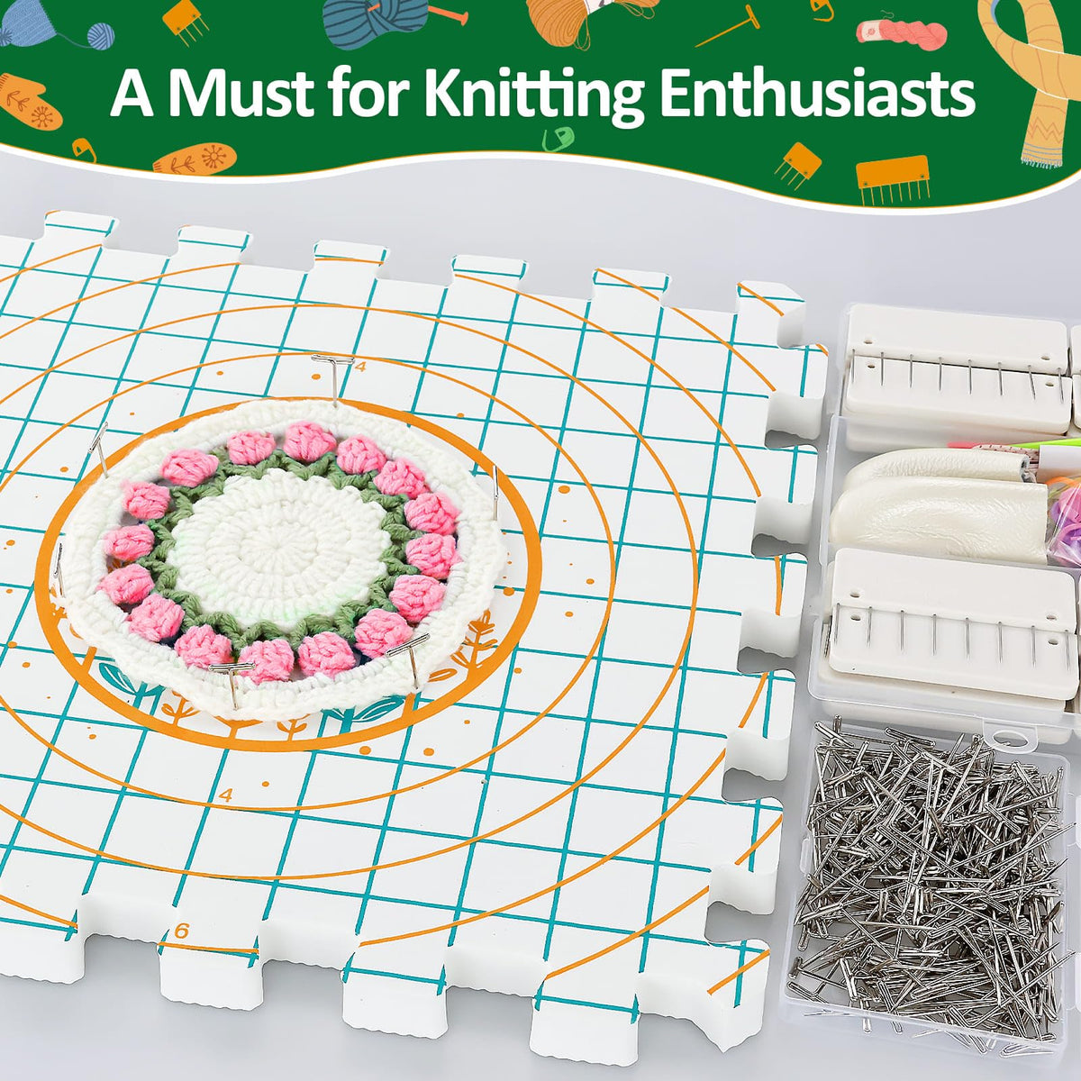 9 Pcs Blocking Mats for Knitting, Extra Thick Blocking Boards with Grids, with 200 T-Pins and 24PCS Knitting Blockers, for Needlepoint or Crochet