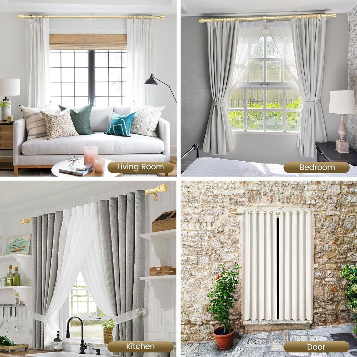 Skiennix 1” Diameter Adjustable Curtain Rod - Heavy Duty Metal, Fits 30-144 Inches, Gold Finish