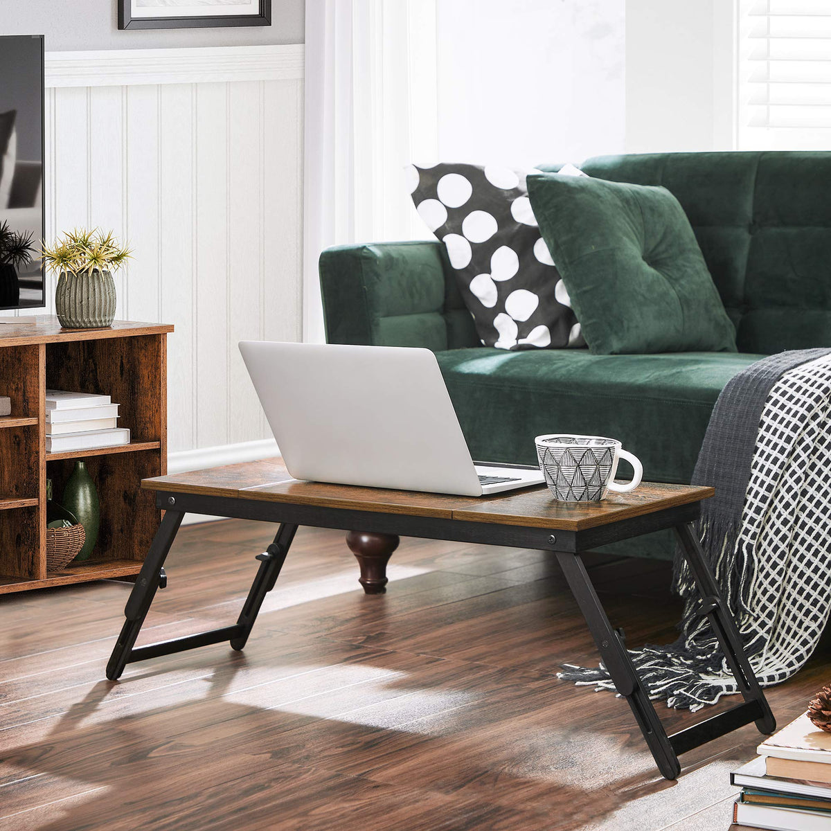 SONGMICS Laptop Desk, Bed Sofa Breakfast Tray, Adjustable Tilt Top, Right-Left Handed, Adjustable Folding Legs, Drawer, Rustic Dark Brown ULLD110B01