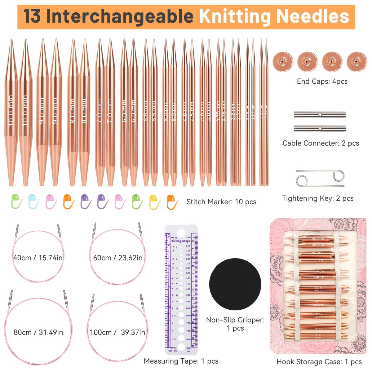Aeelike Interchangeable Knitting Needles Set, Strictly Inspected 13 Pairs Aluminum Circular Knitting Needles (3.0-10.0mm) with 4 Flexible Cords for Blankets and Small Projects, Ideal Kninting Gift