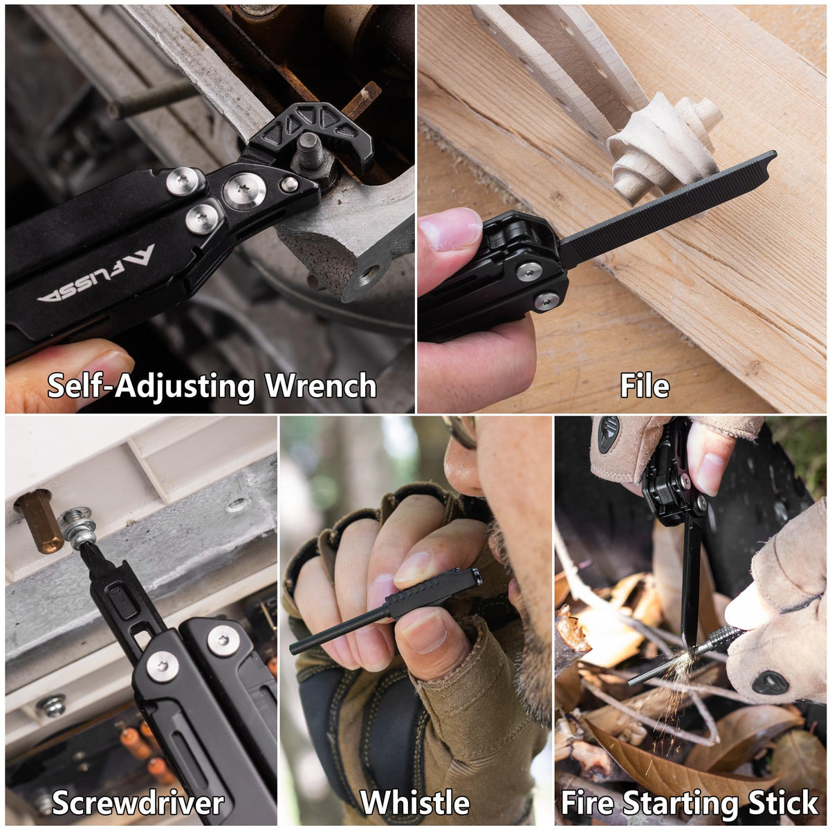 FLISSA Multitool Wrench, Gift for Men, 16-IN-1 EDC Multi-tool with Self-Adjusting Wrench, Stainless Steel Pocket Multi Tool with Knife, Screwdriver Bits, Saw, File, Ideal for Camping, Outdoor