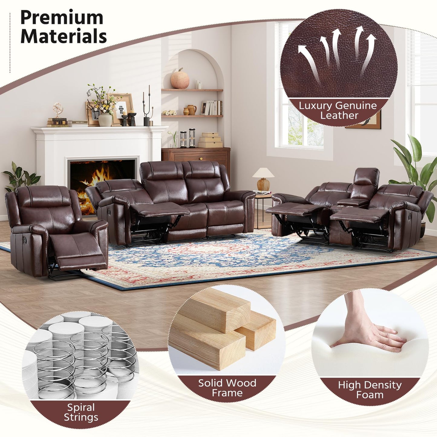 ANJ Premium Genuine Leather Manual Recliner Chair for Adults, Overstuffed Recliners Set of 2 with Padded Backrest, Heavy Duty Reclining Sofa for Living Room, Rust Brown