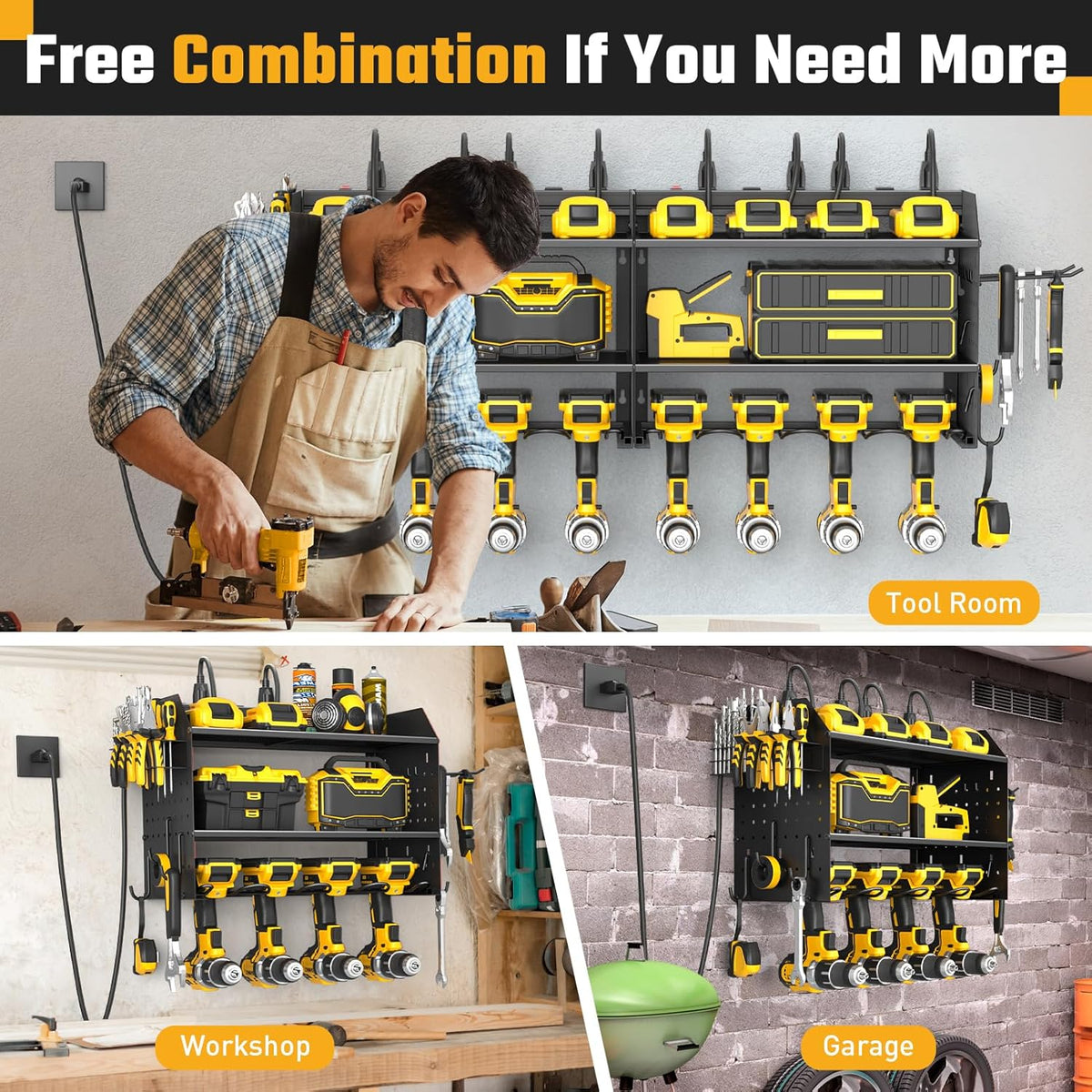 ZESEN Power Tool Organizer - 3-Layer Wall Mount Charging Station with 6 Outlets & Drill Holders - Black