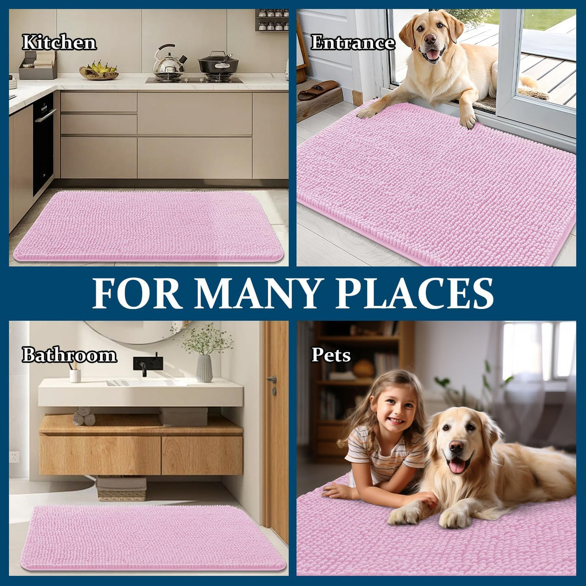 OLANLY Dog Door Mat - Absorbent Non-Slip Chenille Mat for Muddy Paws | 45x27 Inches, Quick Dry, Pink