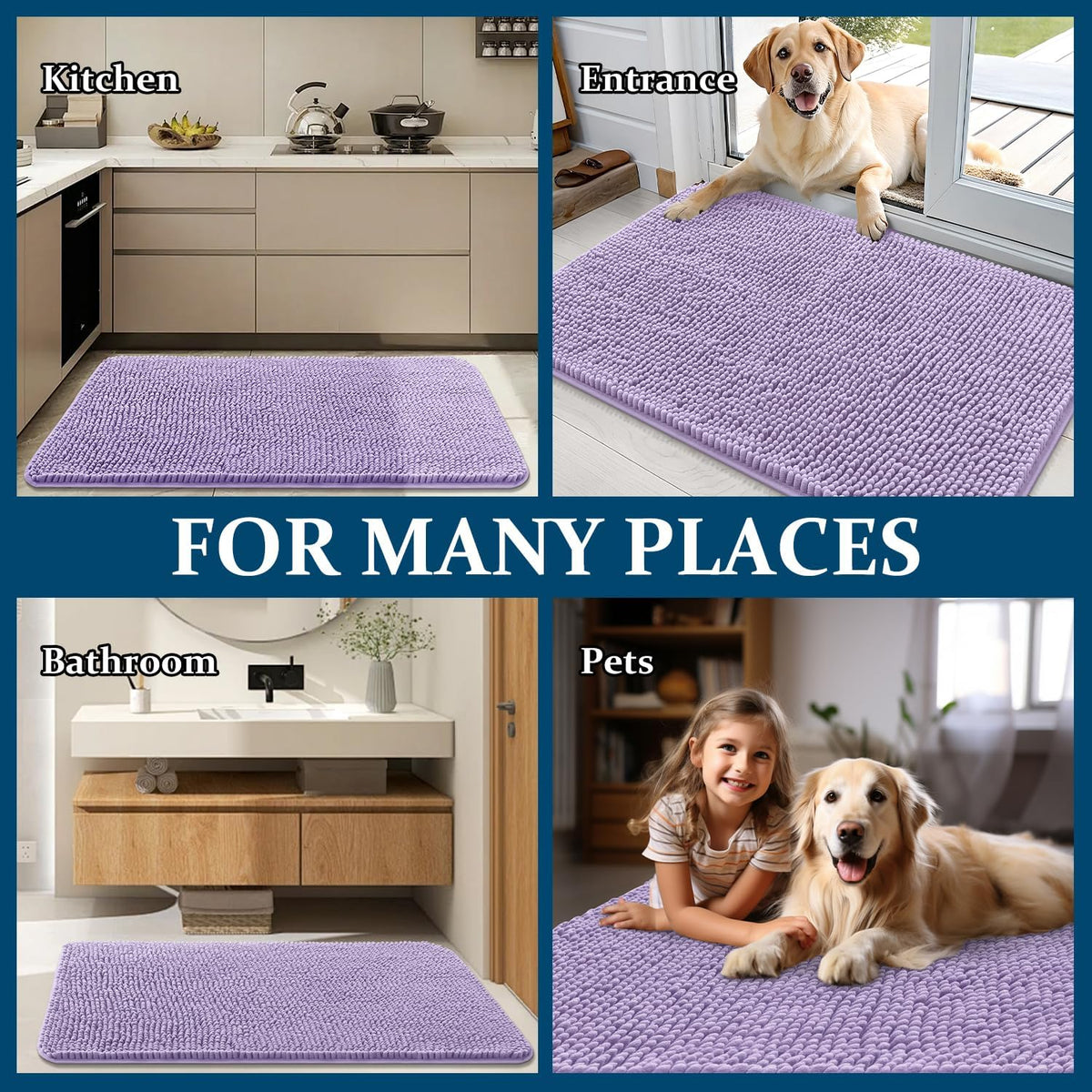 OLANLY Dog Door Mat - Absorbent Non-Slip Washable Chenille Mat for Muddy Paws | 24x16, Lavender